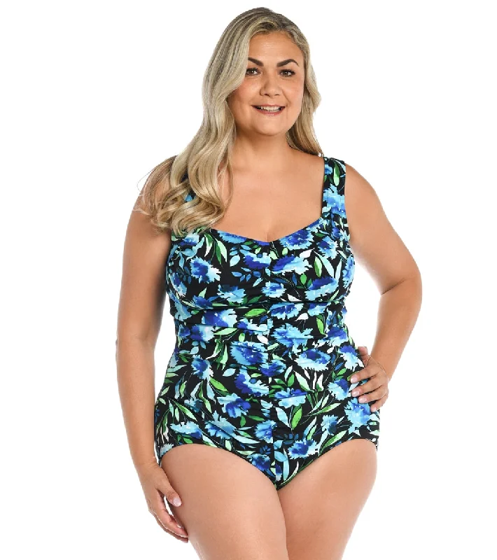 Maxine Women's Plus Size Dandelion Fields Spa Shirred Girl Leg One Piece Swimsuit Black Comfortable Swim Dress