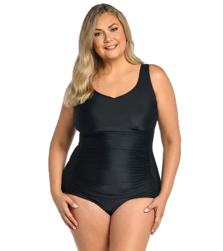 Maxine Women's Plus Size Solid Over The Shoulder One Piece Swimsuit Black Sexy Monokini Swimsuit