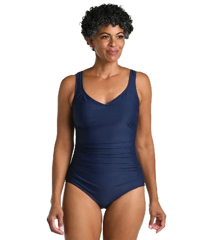 Maxine Women's Solid Over The Shoulder One Piece Swimsuit Indigo Sporty Racerback Swimsuit