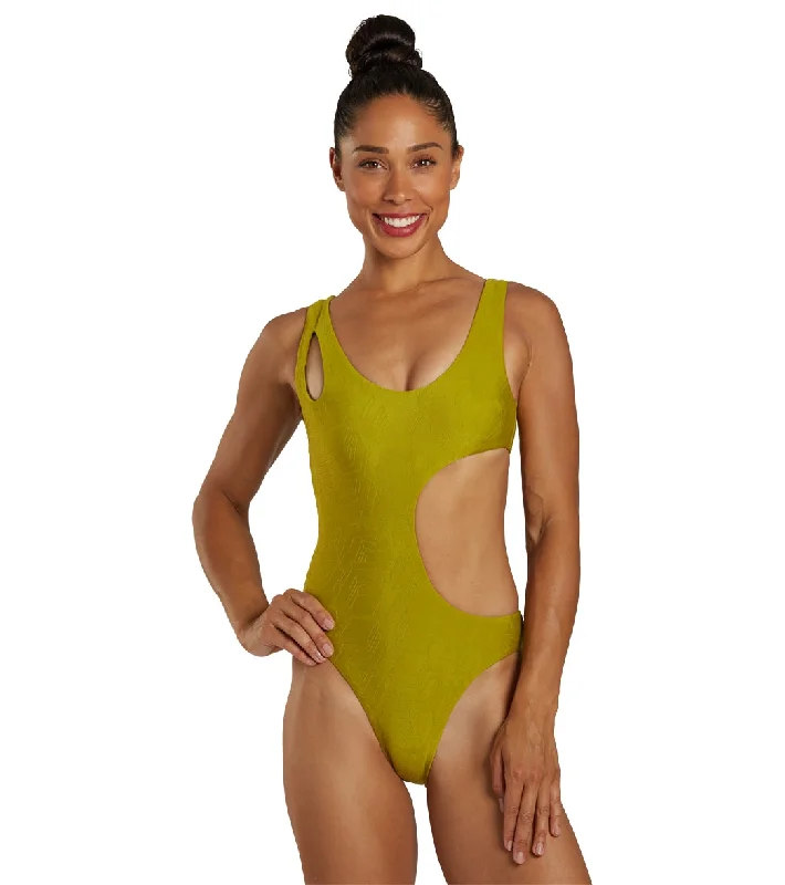 Nike Women's Block Texture Cut-Out One Piece Swimsuit Moss Vintage Swimwear Look