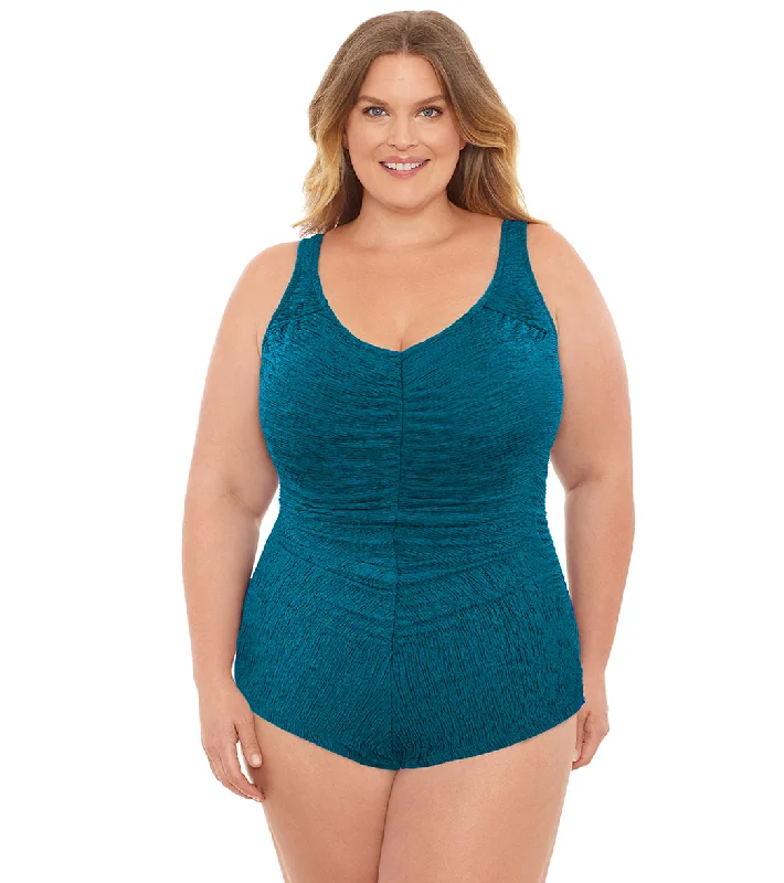 Penbrooke Krinkle Plus Size Chlorine Resistant Girl Leg One Piece Swimsuit Halter Neck Swimsuit