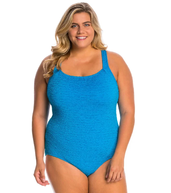 Penbrooke Krinkle Plus Size Chlorine Resistant One Piece Active Back Swimsuit Blue Sea Strap Bikini Set