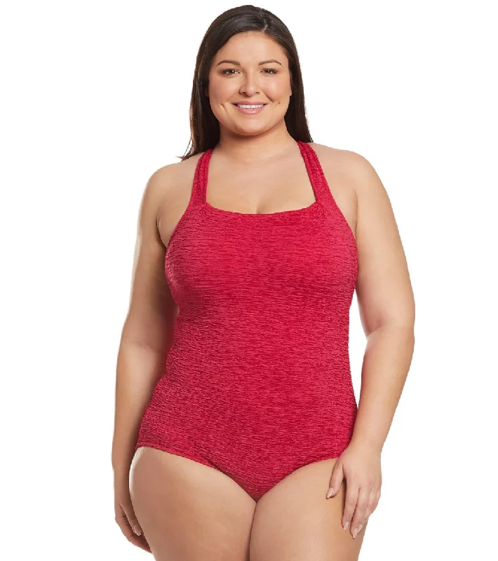 Penbrooke Krinkle Plus Size Chlorine Resistant One Piece Active Back Swimsuit Poppy Red Swim Skirt Set