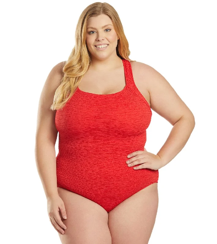 Penbrooke Krinkle Plus Size Chlorine Resistant One Piece Active Back Swimsuit Red Adjustable Swim Top