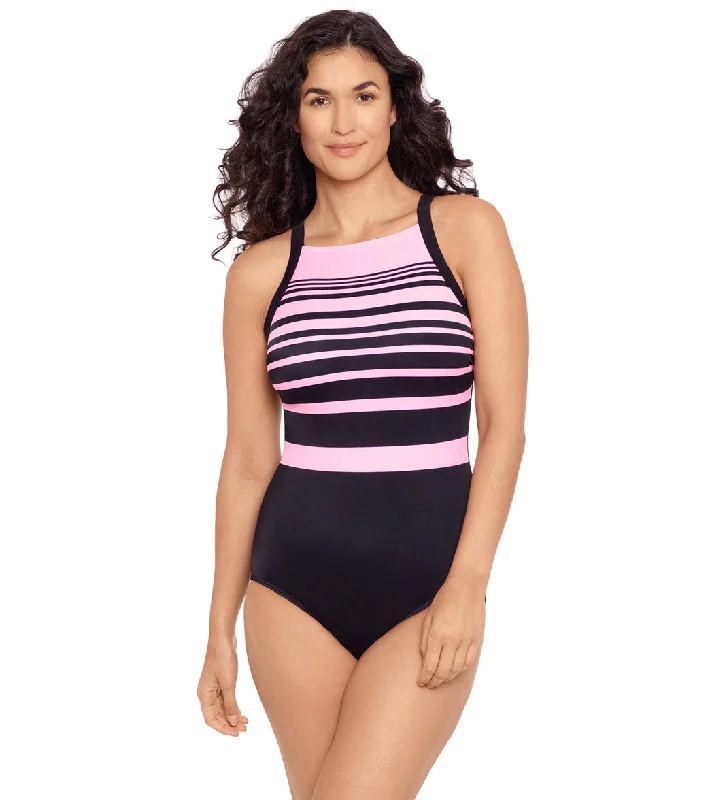 Reebok Women's Insta Stripe High Neck Chlorine Resistant One Piece Swimsuit Black/Pink Strap Bikini Set