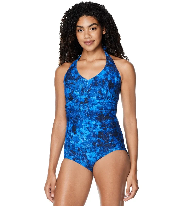 Speedo Women's Printed Halter One Piece Swimsuit Turkish Sea Deep-V Swimsuit Design