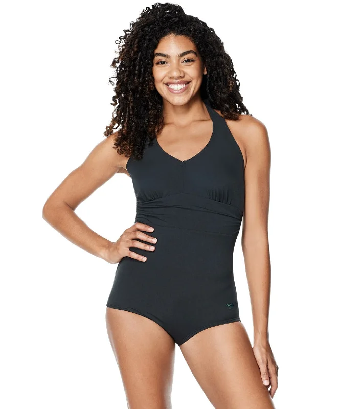 Speedo Women's Solid Halter One Piece Swimsuit Vintage Swimwear Look