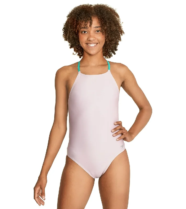 Speedo Women's Solid Tie Back One Piece Swimsuit Lilac Sachet Swimsuit with Skirt