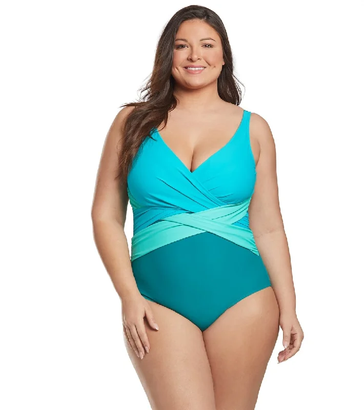 Sporti Plus Size Marina Criss Cross Tummy Control One Piece Swimsuit Dark Emerald Multi Elegant Halter Bikini