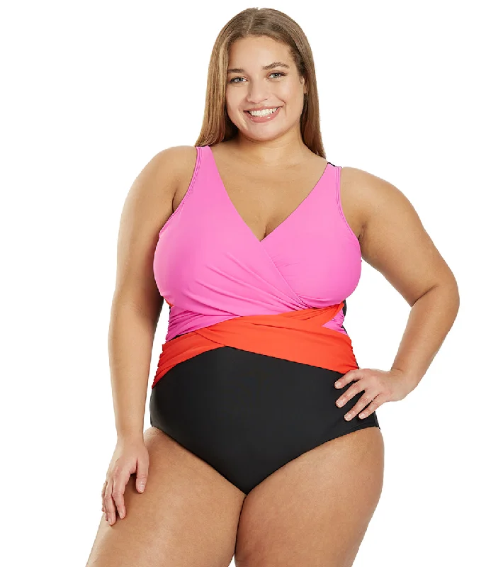 Sporti Plus Size Marina Criss Cross Tummy Control One Piece Swimsuit Hot Pink/Poppy Red Bold Color Swimsuit