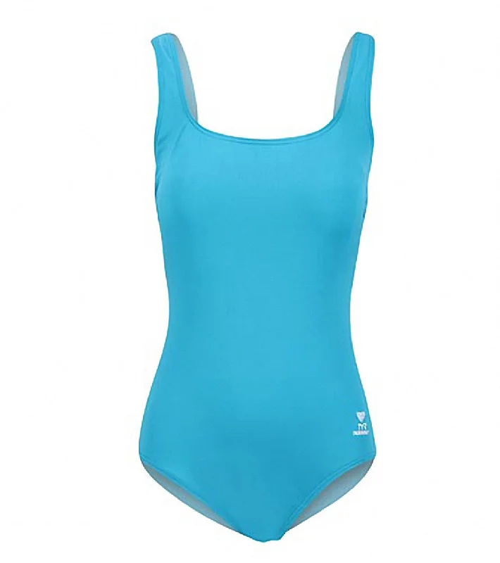 TYR Solid Aqua Chlorine Resistant Controlfit U Back One Piece Swimsuit Aqua Reversible Bikini Set