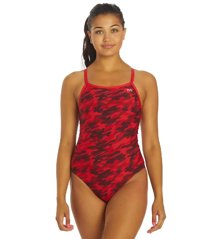 TYR Women's Camo Diamondfit One Piece Swimsuit Red Camo Adjustable Bikini Bottoms