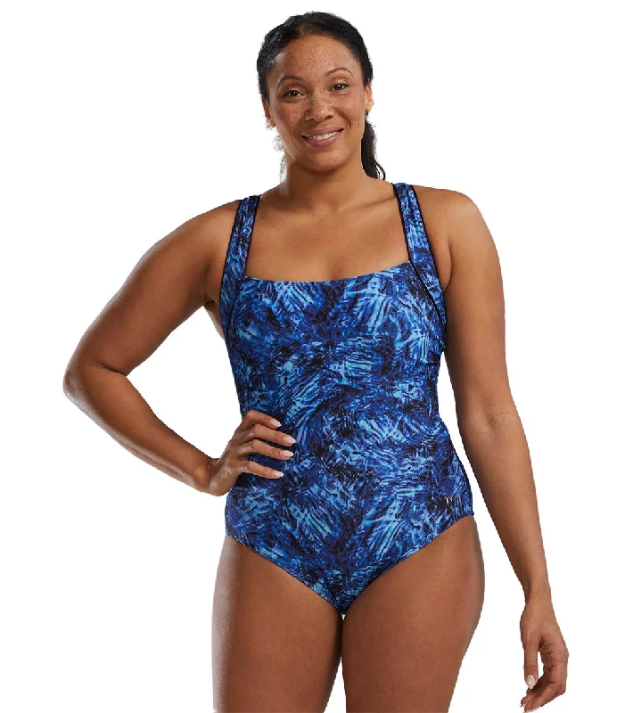 TYR Women's Expression Durafast Elite Square Neck Controlfit Chlorine Proof One Piece Swimsuit Navy/Blue "Expression" Floral Print Swimsuit