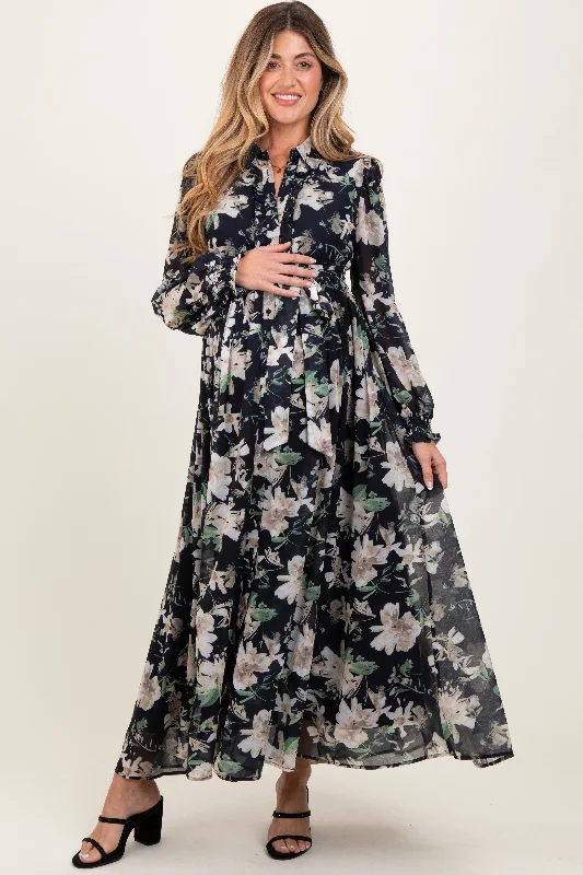 Black Floral Chiffon Ruffle Accent Button Down Maternity Maxi Dress Fashionable Faux Wrap Maxi Dress Black Floral Chiffon Ruffle Accent Button Down Maternity Maxi Dress Fashionable Faux Wrap Maxi Dress