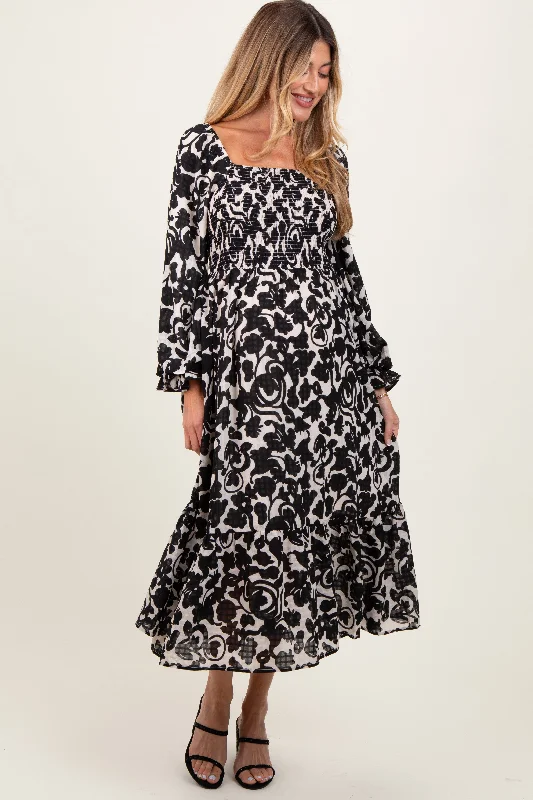 Black Floral Damask Print Smocked Maternity Midi Dress Fashionable Shift Midi Dress