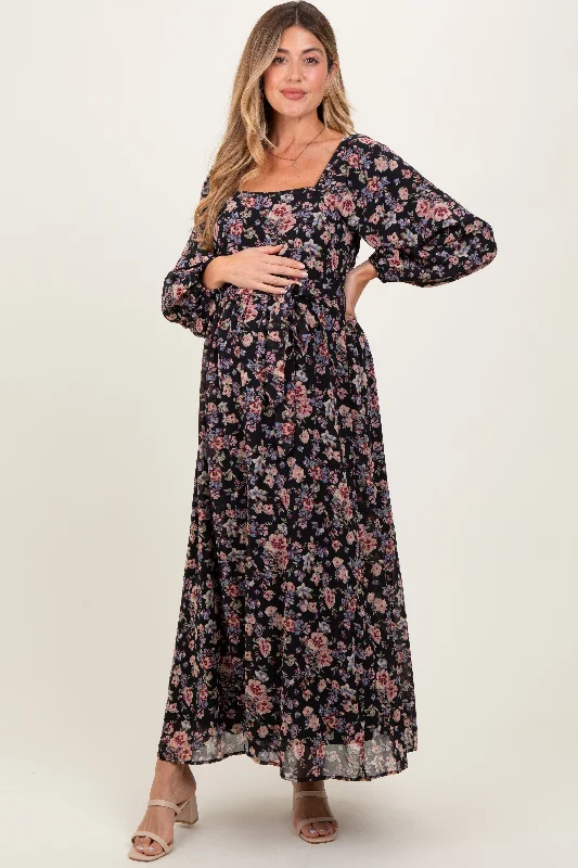 Black Floral Square Neck Front Tie Maternity Midi Dress Fashionable Wide Leg Midi Dress