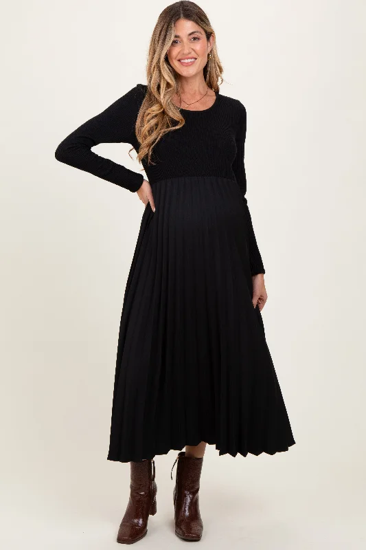 Black Knit Contrast Pleated Skirt Maternity Midi Dress Comfortable Draped Midi Dress