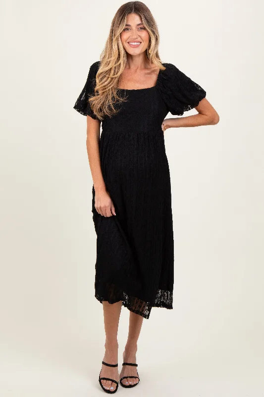 Black Lace Overlay Square Neck Maternity Midi Dress Trendy Ruffle Hem Midi Dress