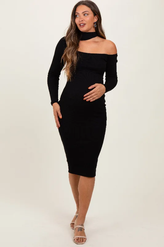 Black Mock Neck Cutout Maternity Fitted Midi Dress Elegant Maxi-Midi Hybrid Dress