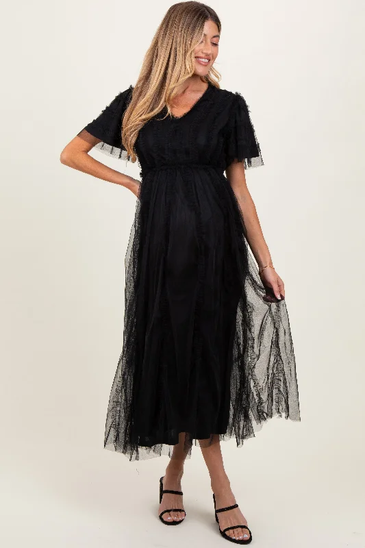 Black Ruffle Accent Mesh Overlay Maternity Maxi Dress Stylish Empire Waist Maxi Dress Black Ruffle Accent Mesh Overlay Maternity Maxi Dress Stylish Empire Waist Maxi Dress