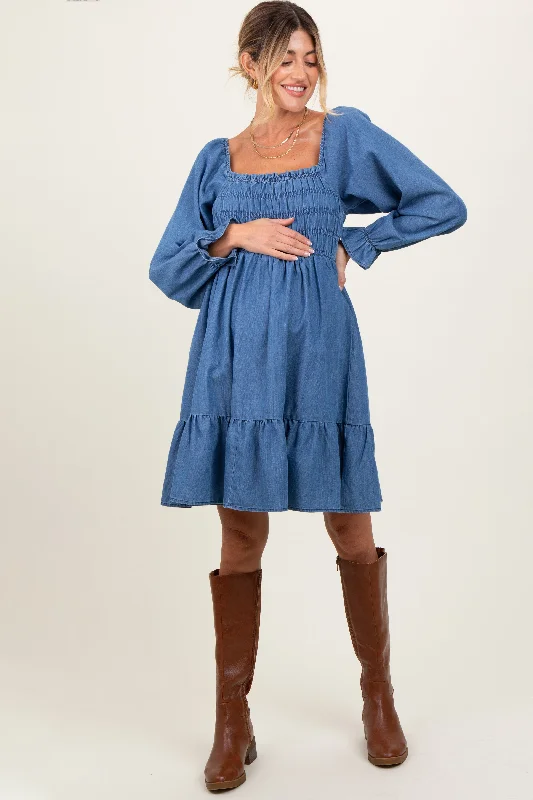 Blue Vintage Wash Chambray Smocked Maternity Midi Dress Trendy Off-Shoulder Button Midi Dress