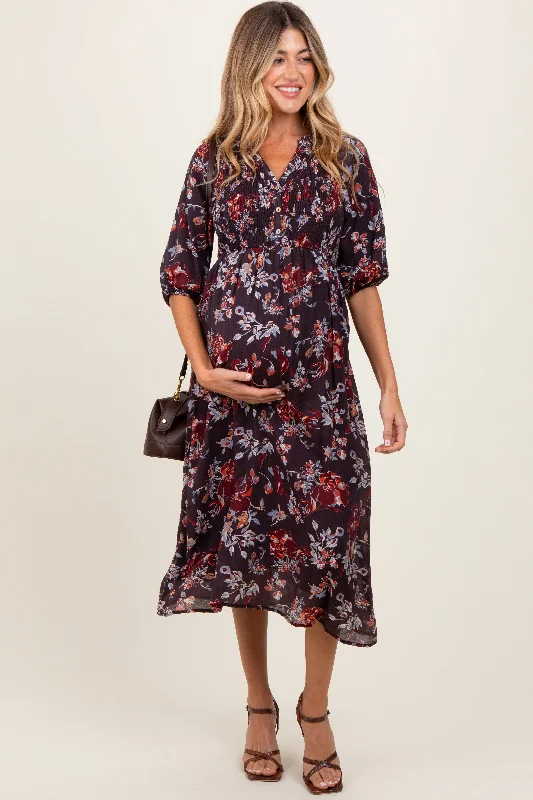 Brown Floral Smocked Button Down Maternity Midi Dress Chic Bohemian Midi Dress