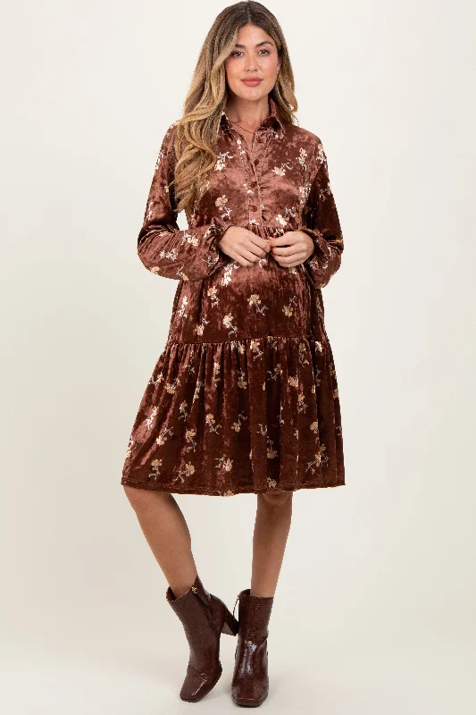 Brown Floral Velvet Button Down Maternity Midi Dress Trendy A-Line Midi Dress