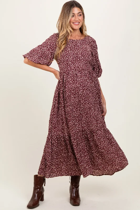 Burgundy Floral Puffed Short Sleeve Maternity Maxi Dress Cozy Knitted Maxi Dress