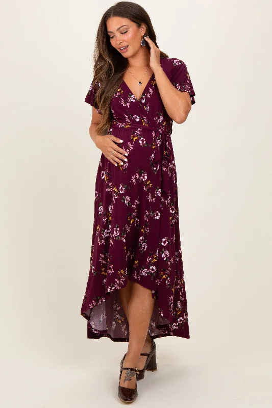Burgundy Floral Short Sleeve Wrap Hi-Low Maternity Maxi Dress Comfortable Casual Maxi Dress Burgundy Floral Short Sleeve Wrap Hi-Low Maternity Maxi Dress Comfortable Casual Maxi Dress