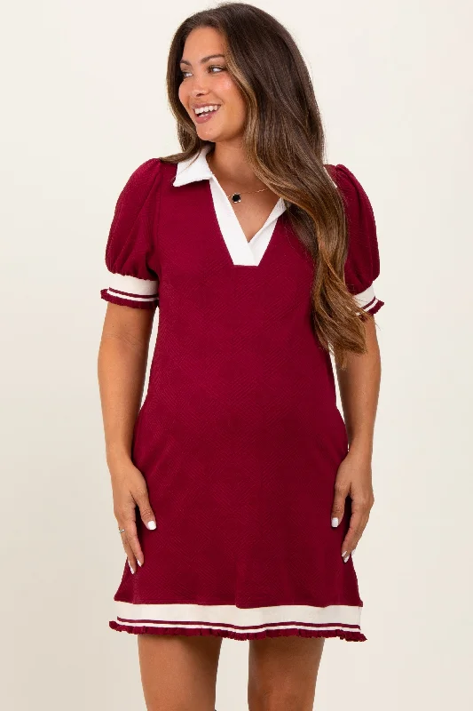 Burgundy Knit Contrast Trim Collared Maternity Mini Dress Cozy Cowl Neck Mini Dress