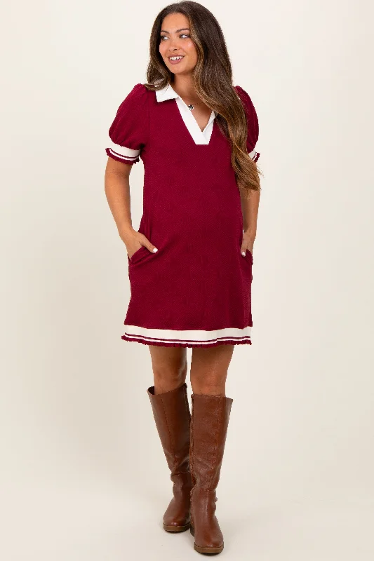 Burgundy Knit Contrast Trim Collared Maternity Mini Dress Chic Mini Dress with V-Neck