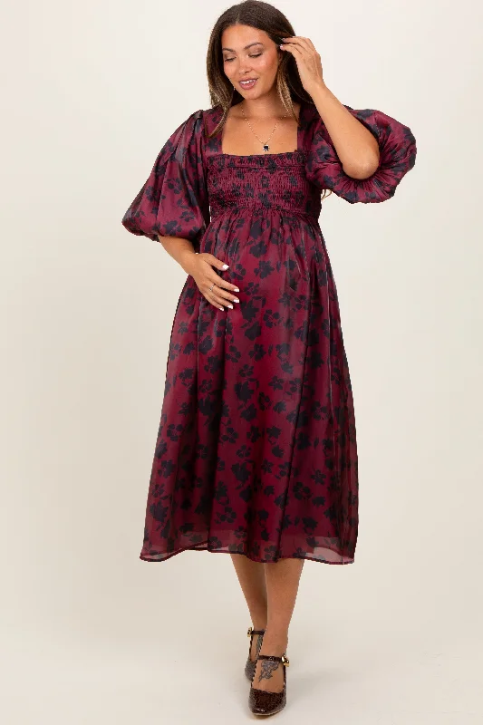 Burgundy Satin Floral Smocked Maternity Midi Dress Cozy T-shirt Midi Dress