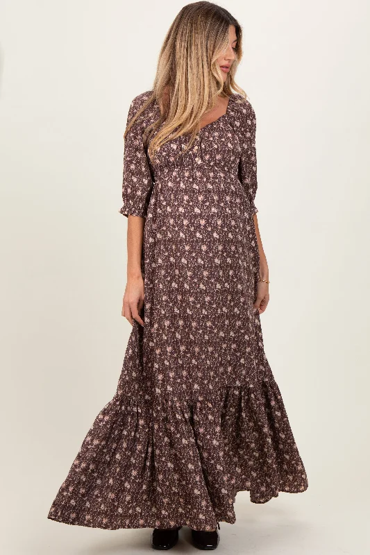 Chestnut Floral Sweetheart Neckline Maternity Maxi Dress Stylish Off-Shoulder Maxi Dress Chestnut Floral Sweetheart Neckline Maternity Maxi Dress Stylish Off-Shoulder Maxi Dress