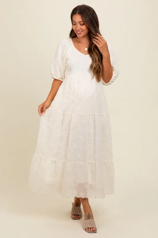 Cream Floral Puff Sleeve Maternity Midi Dress Comfortable Lace-Up Midi Dress