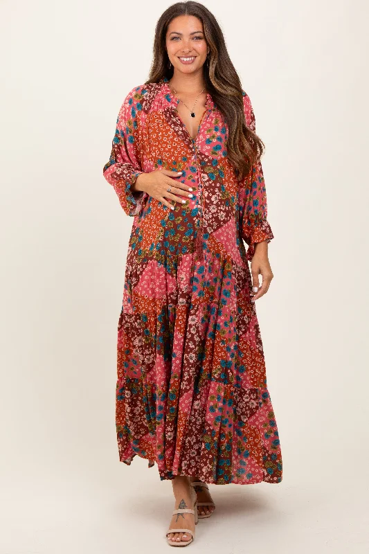 Fuchsia Floral Patchwork Front Tie Maternity Maxi Dress Fashionable Sleeveless Maxi Dress Fuchsia Floral Patchwork Front Tie Maternity Maxi Dress Fashionable Sleeveless Maxi Dress