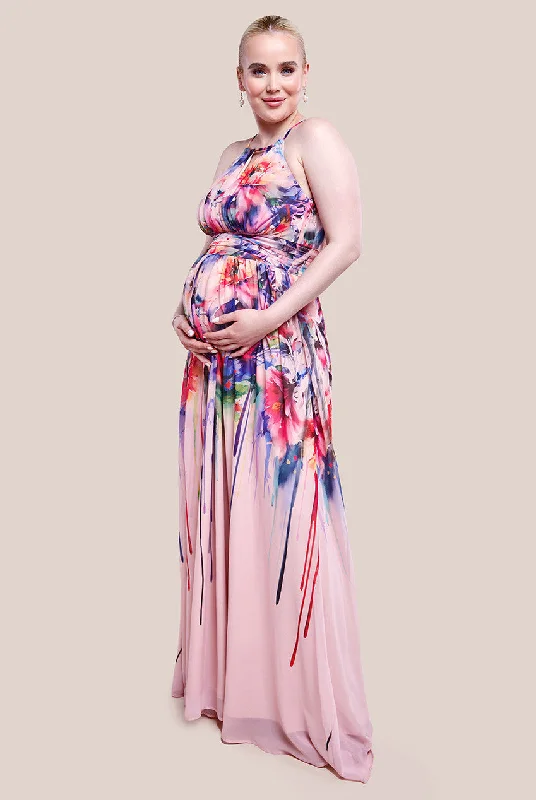 Goddiva Maternity Floral Printed Chiffon Halter Maxi Dress - Blush Floral Comfortable Maxi Dress with Belt Goddiva Maternity Floral Printed Chiffon Halter Maxi Dress - Blush Floral Comfortable Maxi Dress with Belt