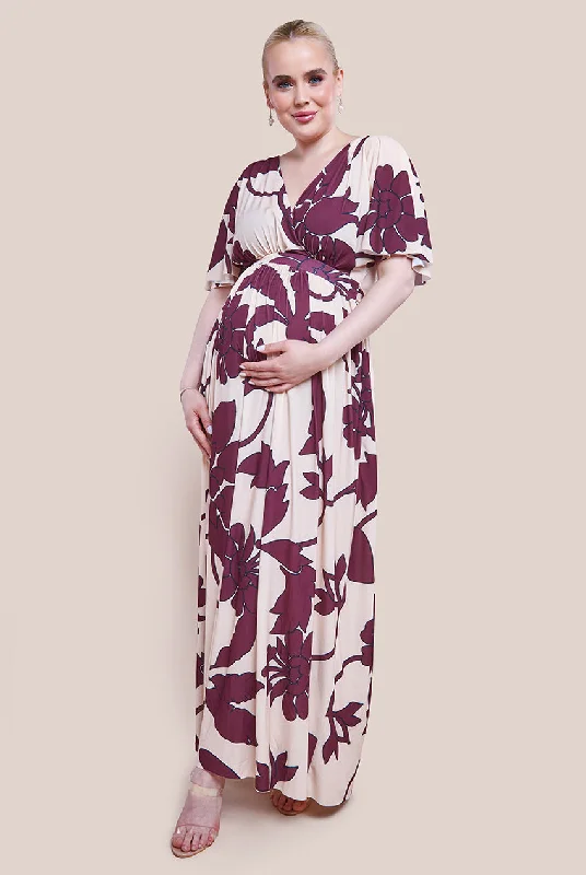 Goddiva Maternity Leaf Print Flutter Sleeve Maxi Dress - Cream Elegant Velvet Maxi Dress Goddiva Maternity Leaf Print Flutter Sleeve Maxi Dress - Cream Elegant Velvet Maxi Dress