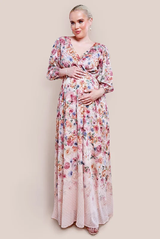 Goddiva Maternity Ombre Floral Printed Wrap Maxi Dress - Ivory Stylish Maxi Dress with Pleats Goddiva Maternity Ombre Floral Printed Wrap Maxi Dress - Ivory Stylish Maxi Dress with Pleats