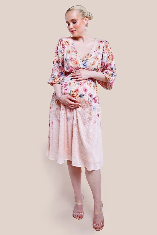 Goddiva Maternity Ombre Floral Printed Wrap Midi Dress - Ivory Comfortable Ribbed Midi Dress