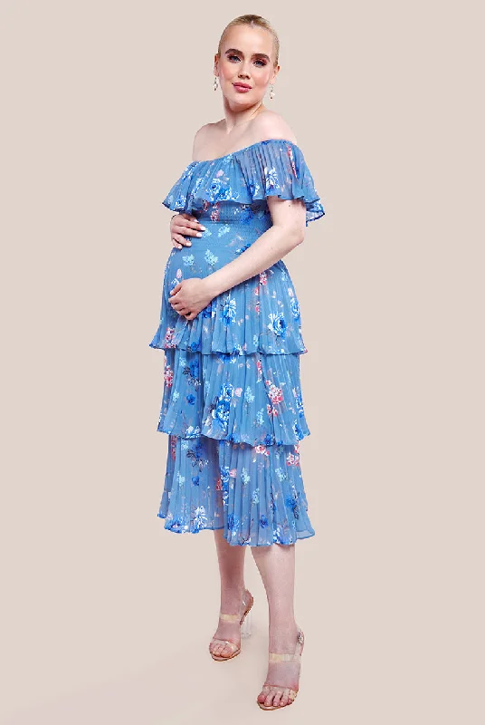 Goddiva Maternity Pleated Bodice Chiffon Tiered Midi Dress - Blue Comfortable Floral Print Midi Dress