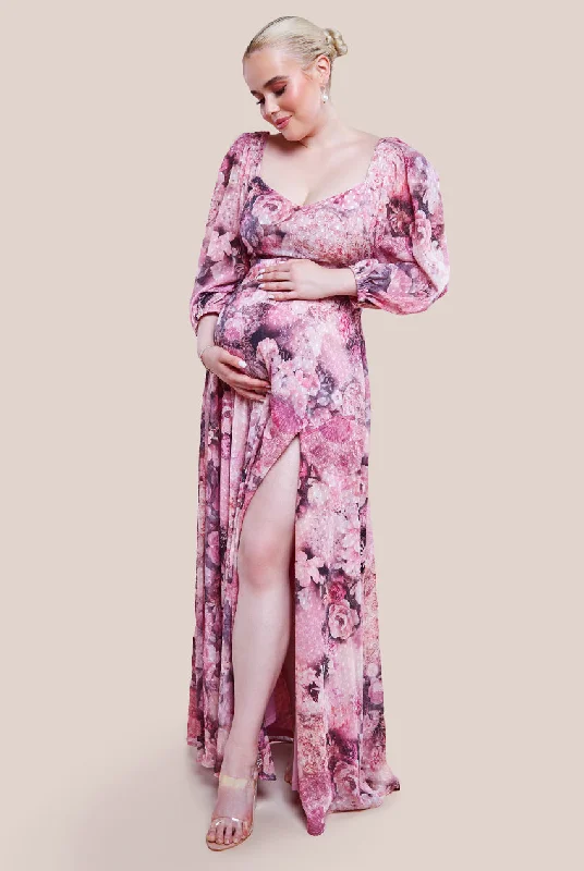 Goddiva Maternity Printed Shirred Back Maxi Dress - Blush Cozy Knitted Maxi Dress