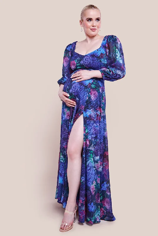 Goddiva Maternity Printed Shirred Back Maxi Dress - Navy Chic Off-Shoulder Maxi Dress Goddiva Maternity Printed Shirred Back Maxi Dress - Navy Chic Off-Shoulder Maxi Dress