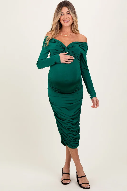 Green Off Shoulder Ruched Long Sleeve Maternity Midi Dress Elegant Floral Skirt Midi Dress