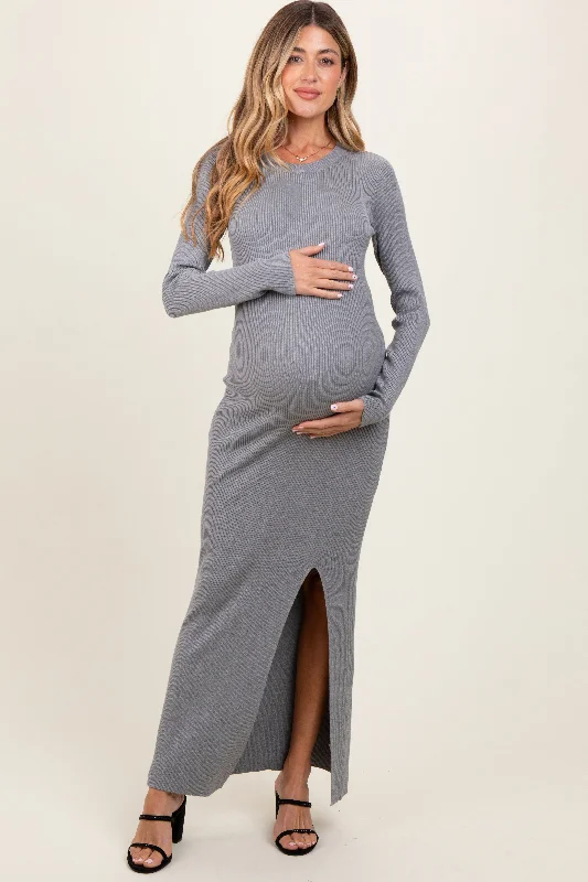 Heather Grey Ribbed Knit Long Sleeve Side Slit Maternity Maxi Dress Comfortable Satin Maxi Dress Heather Grey Ribbed Knit Long Sleeve Side Slit Maternity Maxi Dress Comfortable Satin Maxi Dress