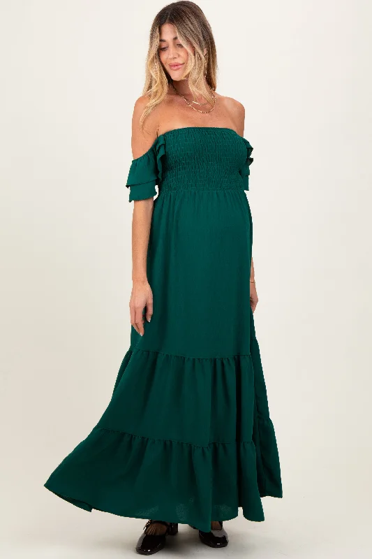 Hunter Green Smocked Ruffle Off Shoulder Tiered Maternity Maxi Dress Cozy Spaghetti Strap Maxi Dress Hunter Green Smocked Ruffle Off Shoulder Tiered Maternity Maxi Dress Cozy Spaghetti Strap Maxi Dress