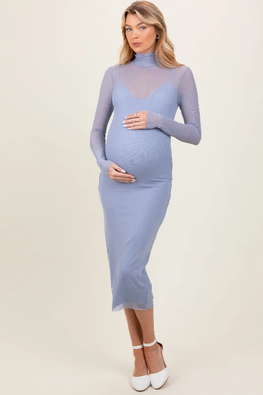 Light Blue Mesh Overlay Fitted Maternity Midi Dress Fashionable Polka Dot Midi Dress