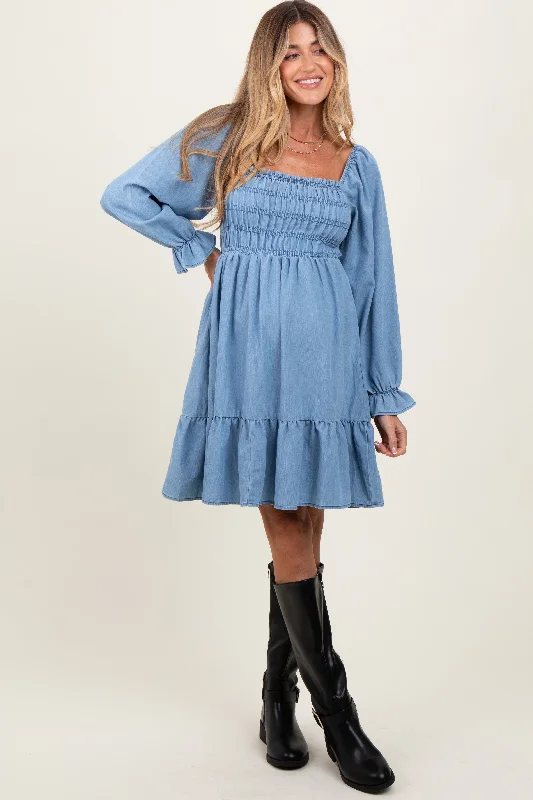 Light Blue Vintage Wash Chambray Smocked Maternity Midi Dress Stylish Button-Down Midi Dress