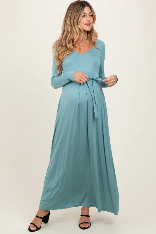 Light Olive V-Neck Long Sleeve Sash Tie Maternity Maxi Dress Stylish Button-Up Maxi Dress Light Olive V-Neck Long Sleeve Sash Tie Maternity Maxi Dress Stylish Button-Up Maxi Dress