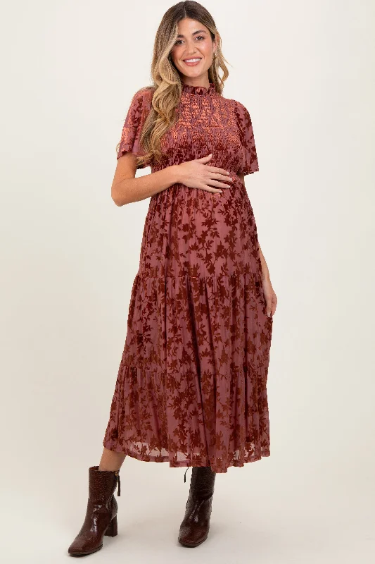 Mauve Floral Velvet Print Smocked Maternity Midi Dress Chic Floral Print Midi Dress