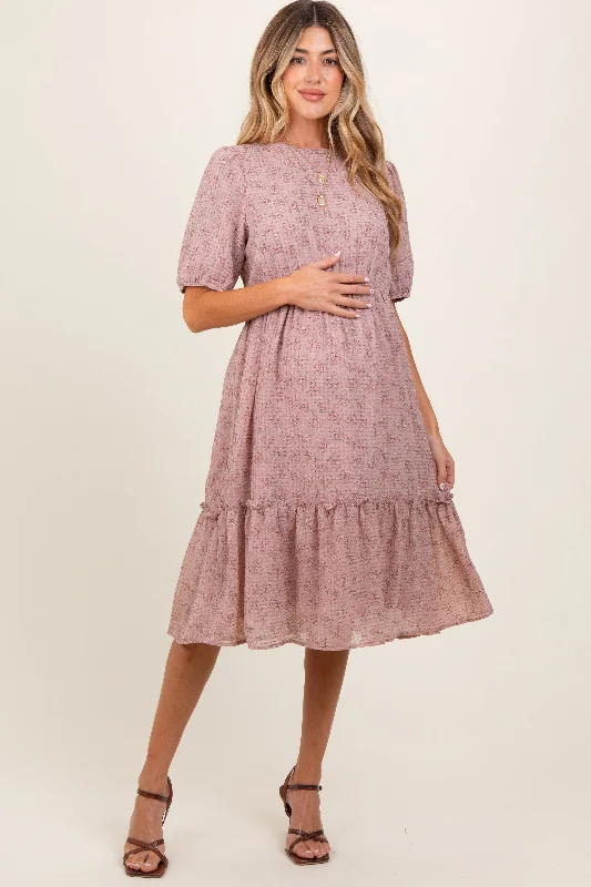 Mauve Printed Textured Maternity Midi Dress Stylish Tiered Midi Dress